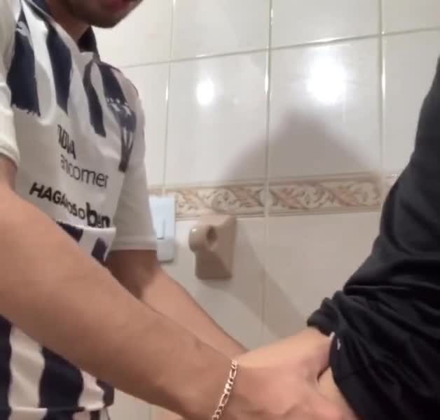 Straight Latino fucks a young gay during a work meeting in a public bathroom